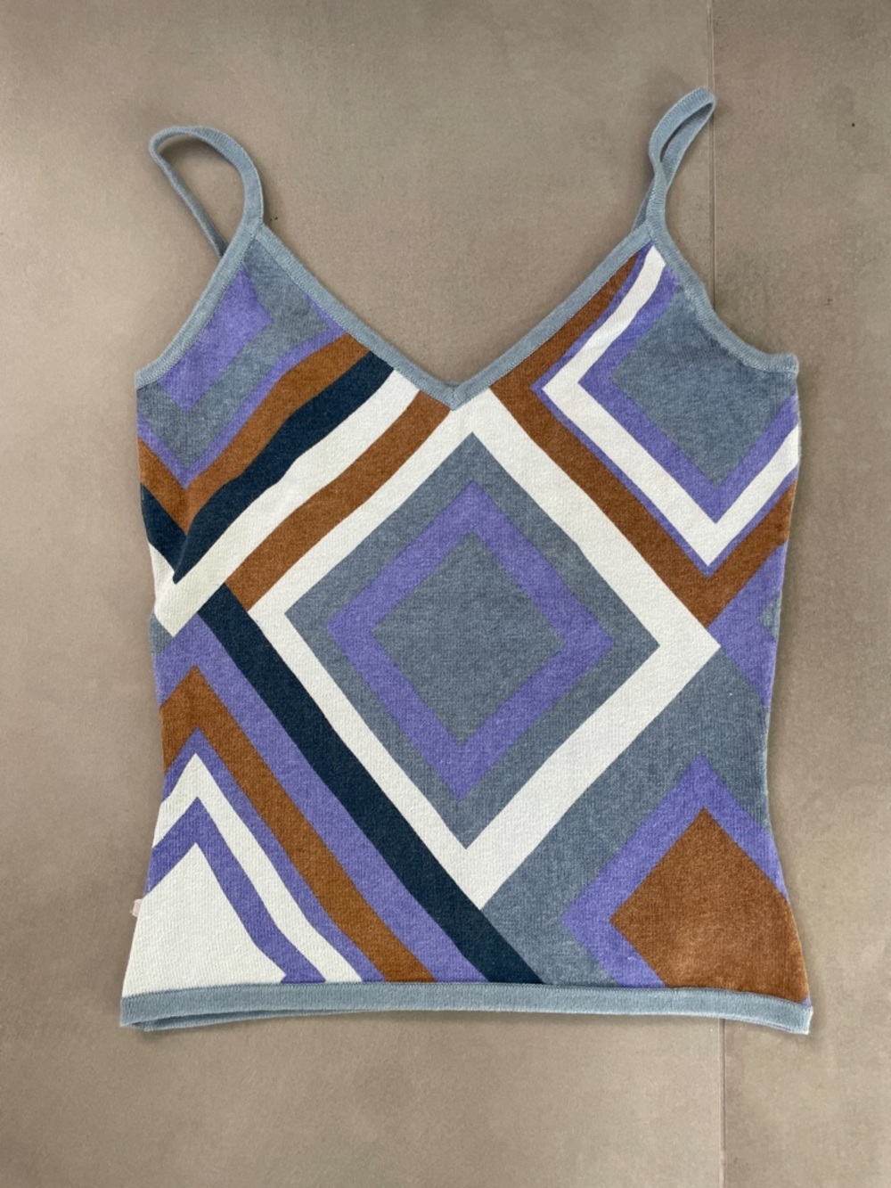 Geo-Print V-Neck Knit Cami Tank Top - Purple & Brown